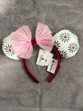 Disney Pink Bow Green Floral Minnie Ears Headband